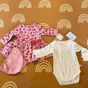 Rufflebutts ivory onesie and Carter’s leopard dress bundle